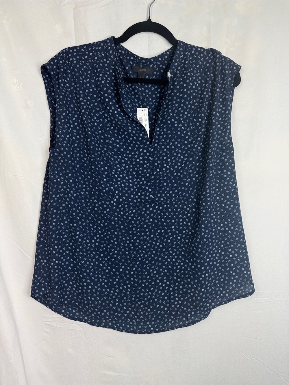 J. Crew Navy Printed Cap-Sleeve Split V Blouse